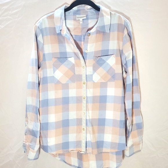 Shyanne Tops - Shyanne Western Button Up Flannel Blouse w/ Lace Accent Button Up Size L